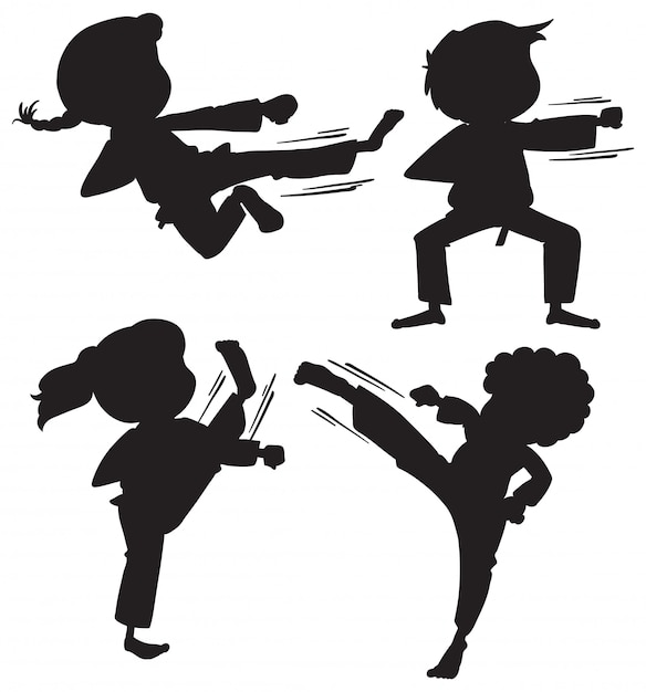 Set of silhouette karate kids