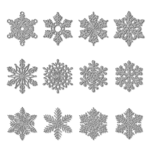 Set of silver glitter snowflakes isolated on white