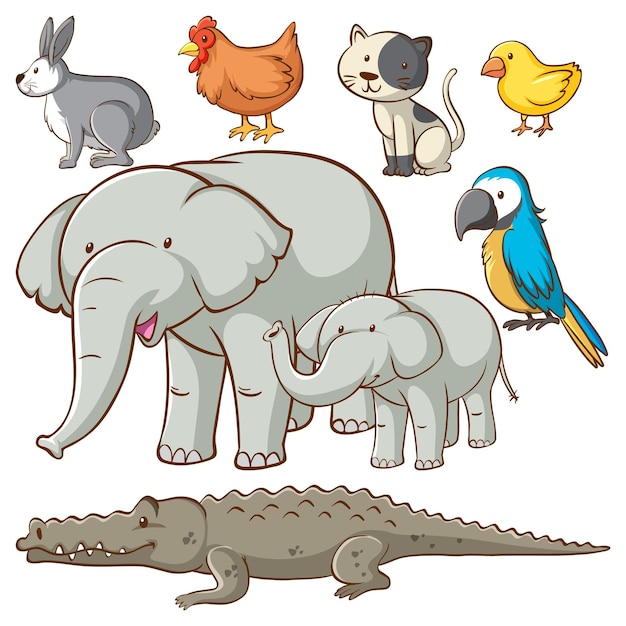 Vettore gratuito set di personaggi dei cartoni animati di animali semplici