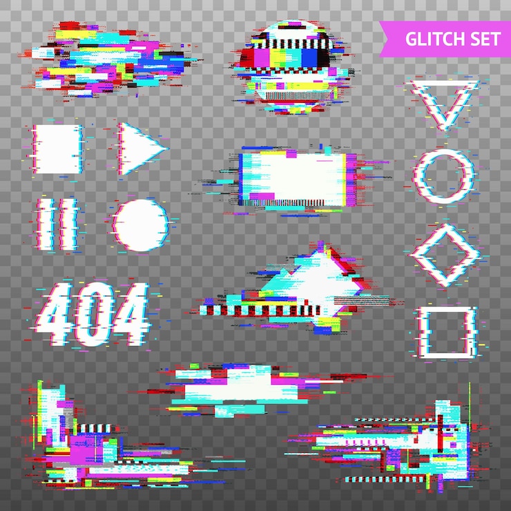 Free Vector set of simple geometric forms and digital elements in distorted glitch style