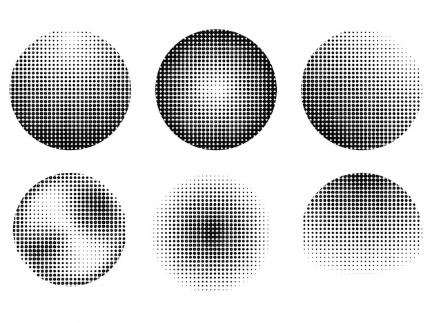 6つの抽象的なハーフトーン効果のデザイン要素のセット、クリエイティブラスタドット白黒のパターンのパターン。