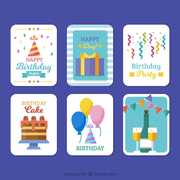 Set of six birthday cards in flat design