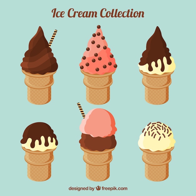 Набор из шести вкусных конусов мороженого в плоском дизайне