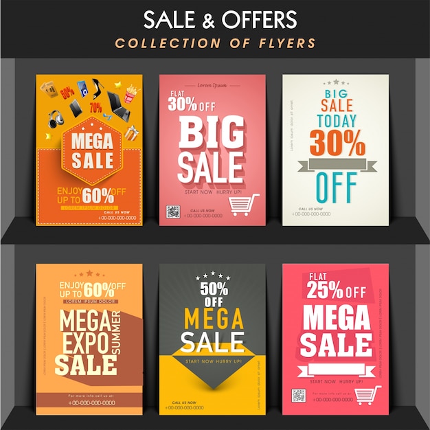 Free vector set of six different flyers design for sale and discount offers