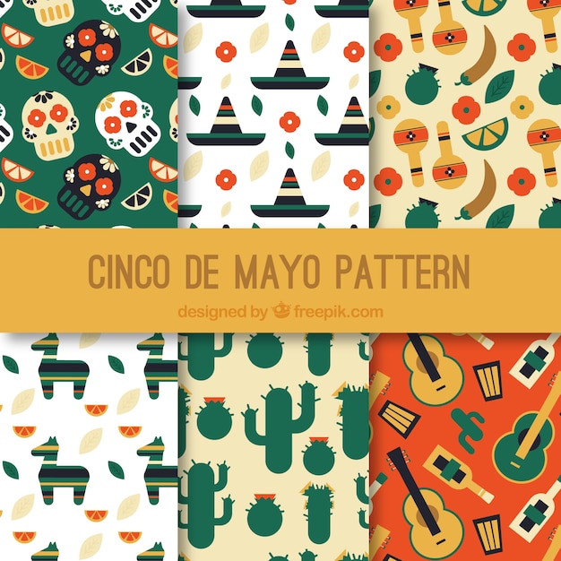 Free vector set of six flat patterns with traditional mexican elements