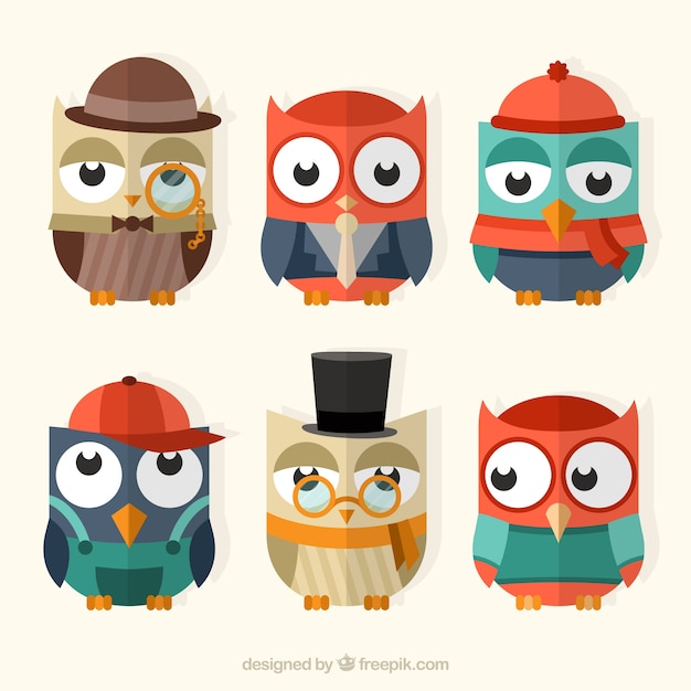 Set of six funny owls in flat design