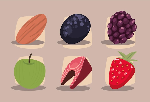 Free vector set of six healthy foods