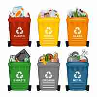 Free vector set of six isolated plastic garbage containers with wheels and text with recycle symbol and waste vector illustration