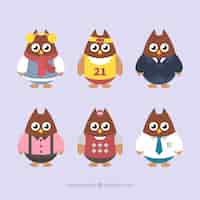 Free vector set of six owls with clothes