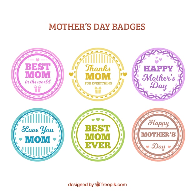 Free vector set of six round badges with different colors for mother's day