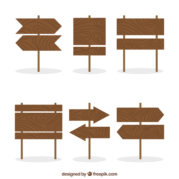 Free vector set of six wood signs in flat design