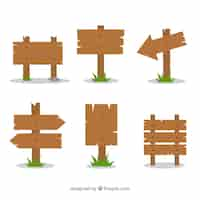 Free vector set of six wooden signs in flat design