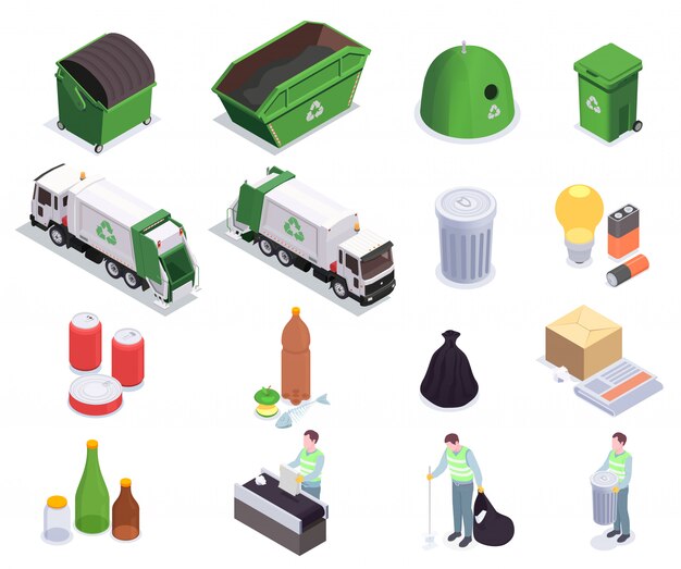 Free vector set of sixteen garbage waste recycling isometric icons with human characters of scavengers and rubbish bins vector illustration