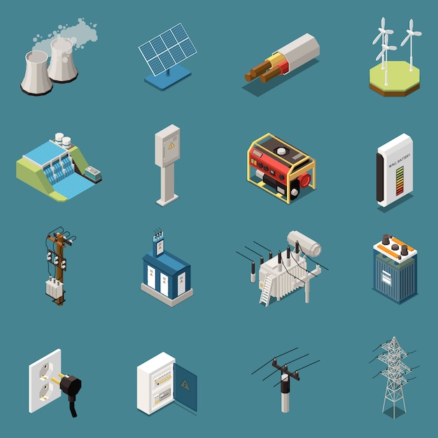 Free vector set of sixteen isolated electricity isometric icons with images of various domestic and industrial electrical infrastructure elements