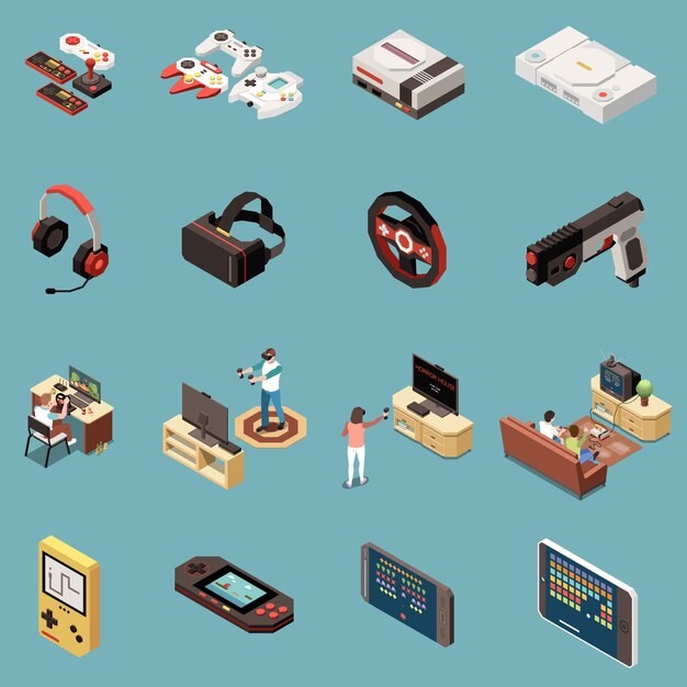 Набор из шестнадцати изолированных игровых геймеров изометрических иконок со старинными приставками, игровыми аксессуарами и современными гаджетами