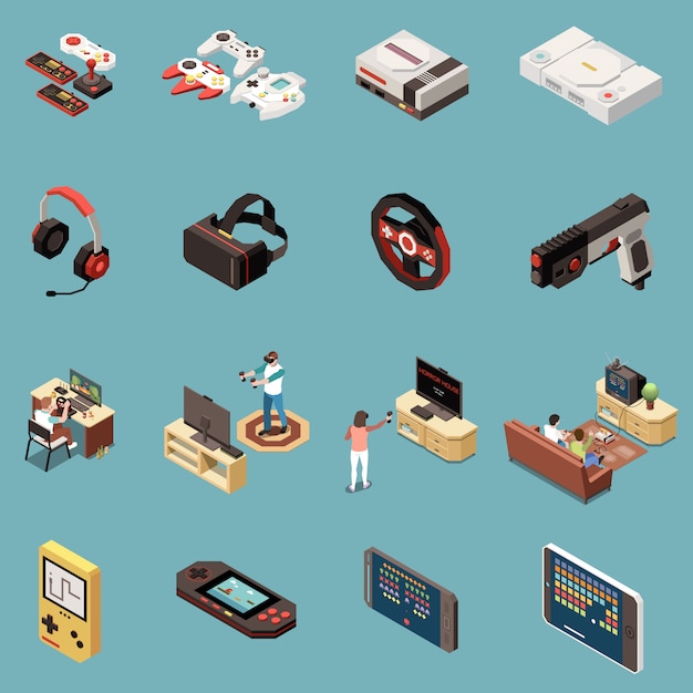 Set of sixteen isolated gaming gamers isometric icons with vintage consoles game accessories and modern gadgets