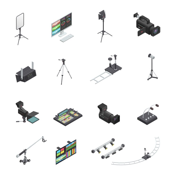 Free Vector set of sixteen isolated video and television broadcast studio equipment isometric icons including ca