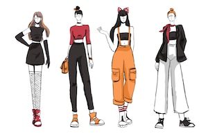 Set of sketches of beautiful and diverse female fashion outfits.