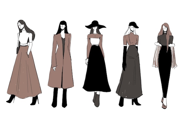 Set of Sketches of beautiful and diverse female fashion outfits