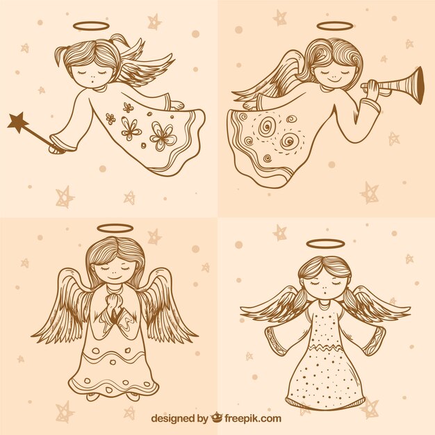 Free Vector set of sketches cute angels