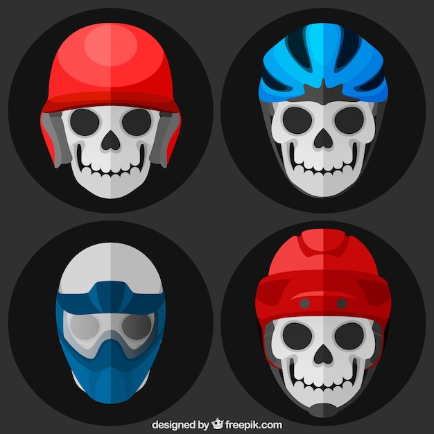 Vettore gratuito set di teschi con casco in design piatto