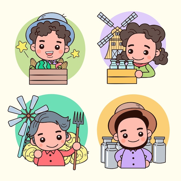 Set of smart farm and agriculture young farmer and farming and animal husbandry in cartoon character vector illustrations