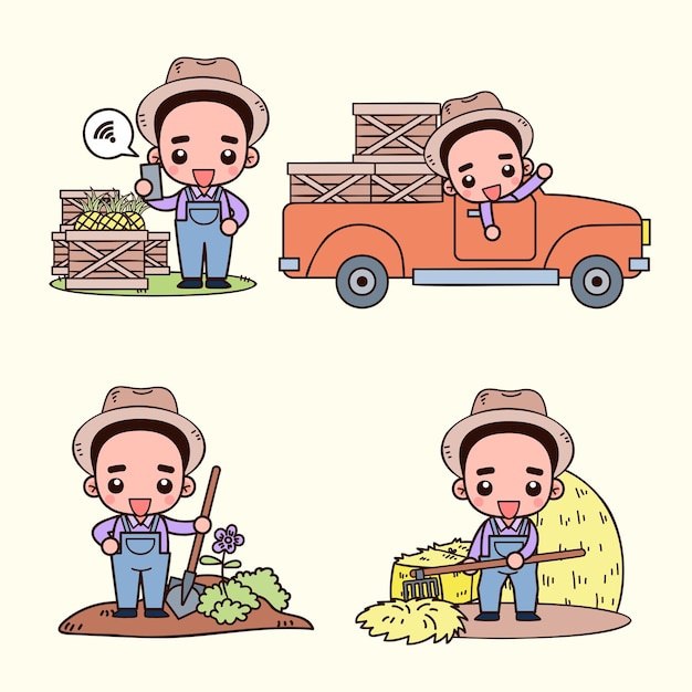 Free vector set of smart farm and agriculture young farmer and farming and animal husbandry in cartoon character vector illustrations