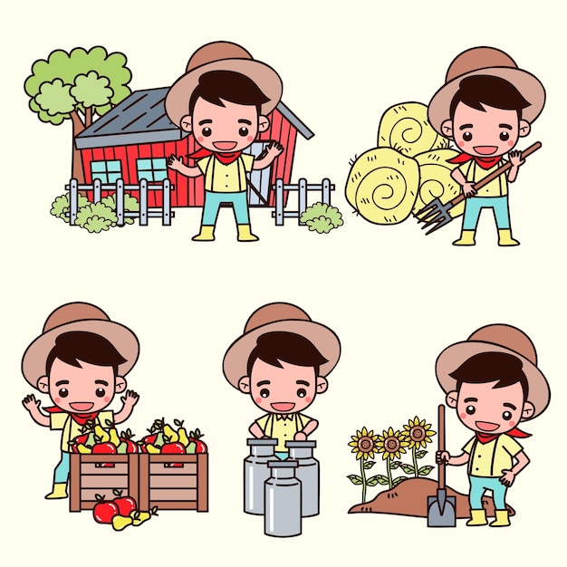 Free vector set of smart farm and agriculture young farmer and farming and animal husbandry in cartoon character vector illustrations