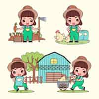 Free vector set of smart farm and agriculture young farmer and farming and animal husbandry in cartoon character vector illustrations