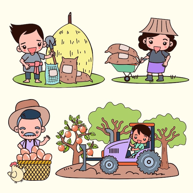 スマートファームと農業の若い農家と農業と畜産の漫画の文字ベクトルイラストのセット