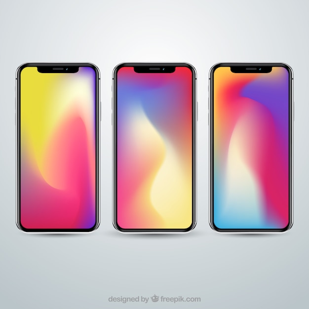 Free vector set of smartphone with gradient wallpaper