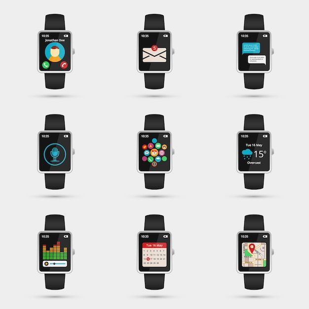 Free vector set of smartwatch icons. wifi, map and weather, calendar and music, navigation and message