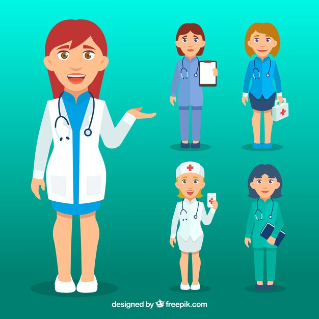 Set of smiley female doctors with flat design