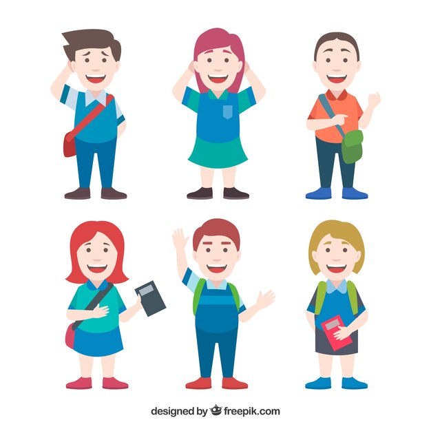 Set of smiley students with flat design