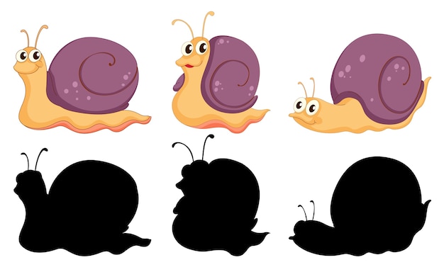 Free vector set of snail cartoon character and its silhouette on white background