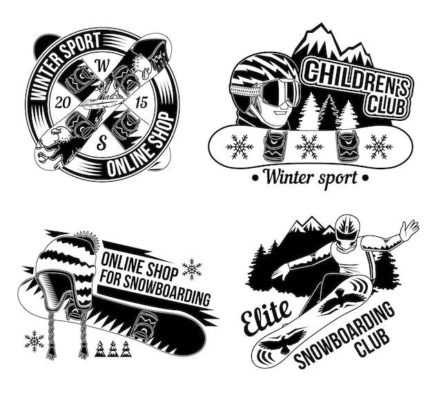 Set of snowboard emblems, logos. Isolated on white