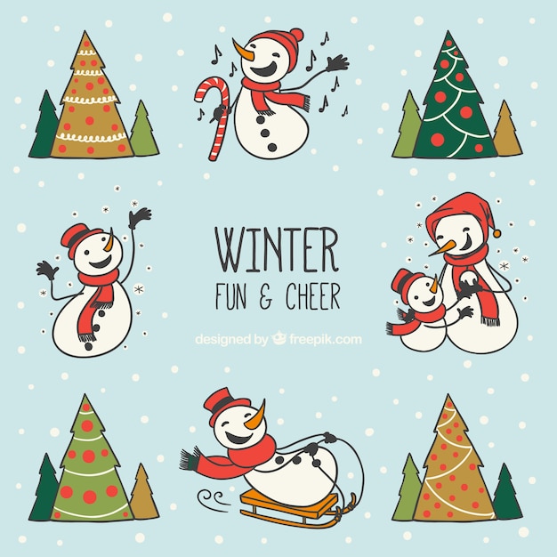 Free vector set of snowmen and hand drawn christmas trees