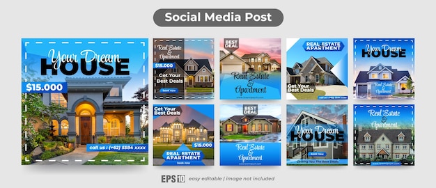 Free vector set of social media post template for real estate and apartment promotion