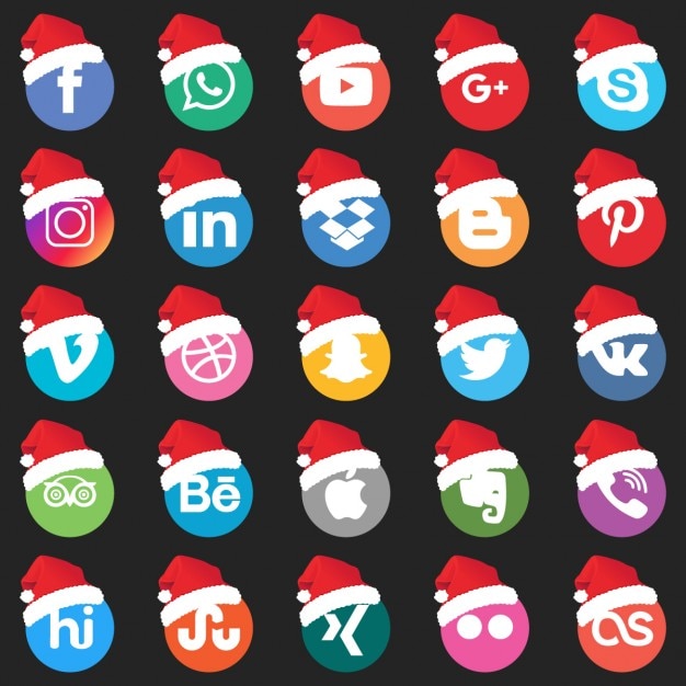 Set of social networking icons with santa claus hat