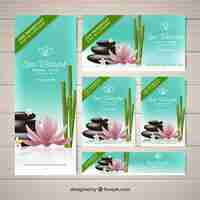 Free vector set of spa center banners with candles and aromatic flowers