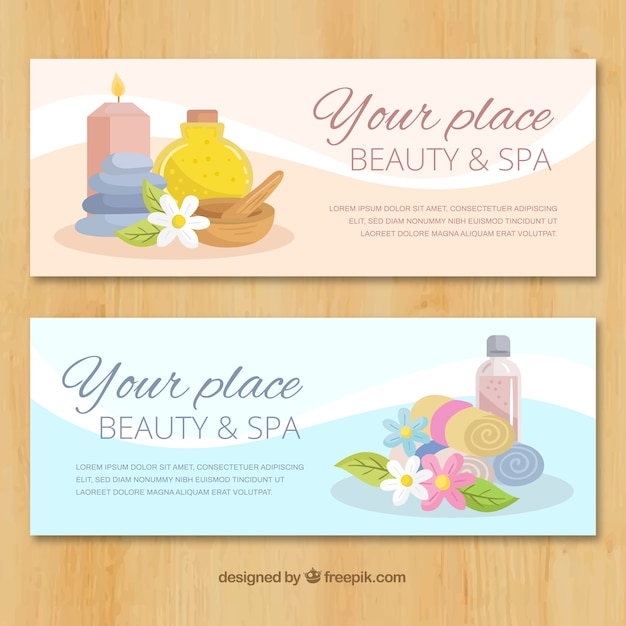 Set of spa center banners with candles and aromatic oils