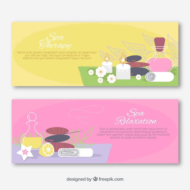 Set of spa center banners with candles and aromatic oils