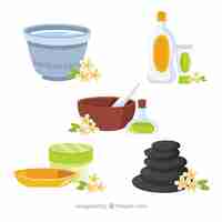 Free vector set of spa elements with different products to treatments