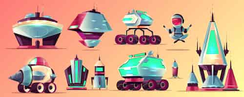 Free vector set of space exploration rockets and vehicles, science fiction alien buildings cartoon