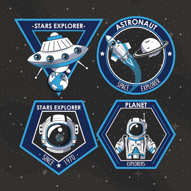 Vettore gratuito set di emblemi di space explorer patch design