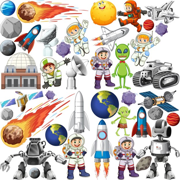 Set of space objects on white background