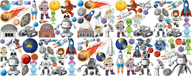 Set of space objects on white background