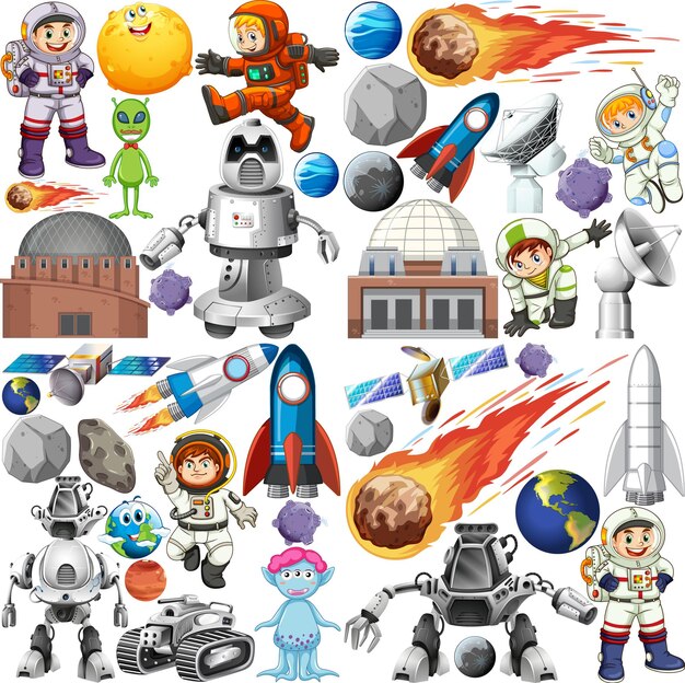 Set of space objects on white background