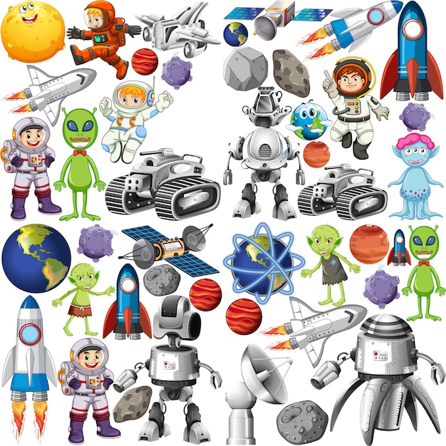 Set of space objects on white background