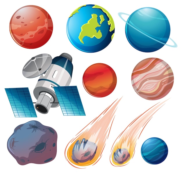 Set of space planets on white background